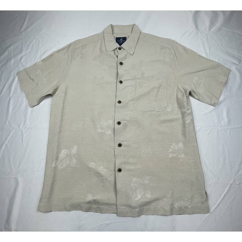 CARIBBEAN JOE 100% SILK HAWAIIAN CAMP SHIRT MENS LARGE BEIGE FLORAL JACQUARD